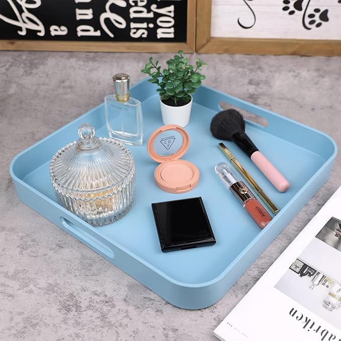 Square Blue Decorative Serving Tray with Handles, Versatile Ottoman Tray for Coffee Table, Entertaining, Outdoor Patio, Living Room, 13”*13”*1.6”