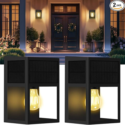 Outdoor Solar Wall Lights, Exterior Waterproof Lanterns, Stainless-Steel & Tempered Glass Shades, Modern Matte Black Porch Wall Sconce for Front Door Entryway, Yard, Warm White 2Pk