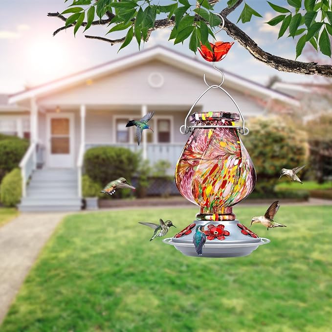 BOLITE Hummingbird Feeder, Hand Blown Glass Hummingbird Feeders for Outdoors Hanging, with Ant Moat and 5 Feeding Ports, 22 Ounces, Purple, Birthday Gifts for Women Men, Gifts for Mom Dad