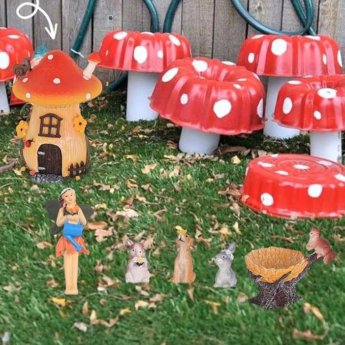 MEETYAMOR Miniature Fairy Garden Accessories, 6 PCS Mushroom House Kit with Mini Resin Animals, Whimsical Ornaments Outdoor Figurines Yard Art Garden Decor for Outside