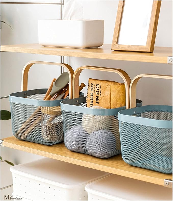 Metal Mesh Steel Basket, Storage Organizer Basket Multi-functional Hanging Kitchen Baskets Fruit Basket Bin with Bamboo Handle for Kitchen Bathroom Picnic Shopping Decor Cabinet Home, Blue