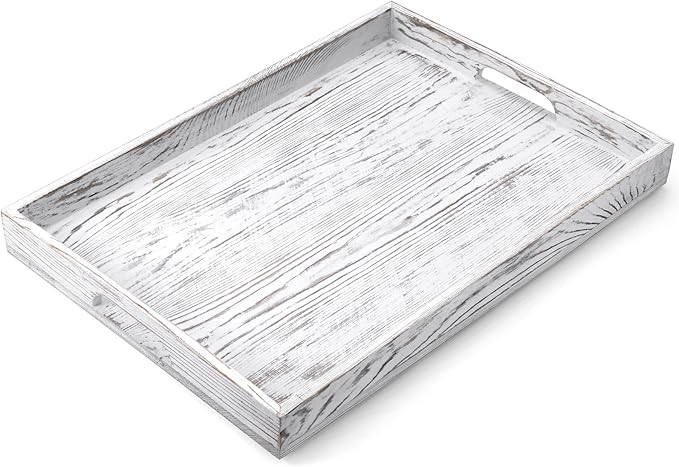 17 Inch White Serving Tray with Handles, Large Wooden Tray for Ottoman, Breakfast in Bed, Coffee Table, Dinner, Rectangular Wood Tray for Living Room Bedroom Entryway and Kitchen