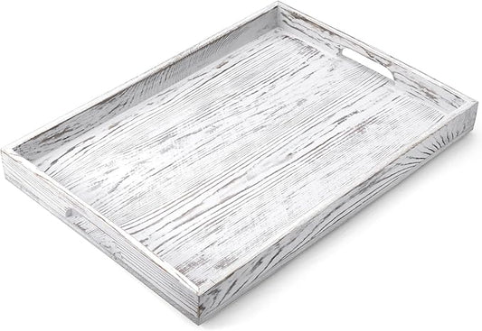 17 Inch White Serving Tray with Handles, Large Wooden Tray for Ottoman, Breakfast in Bed, Coffee Table, Dinner, Rectangular Wood Tray for Living Room Bedroom Entryway and Kitchen
