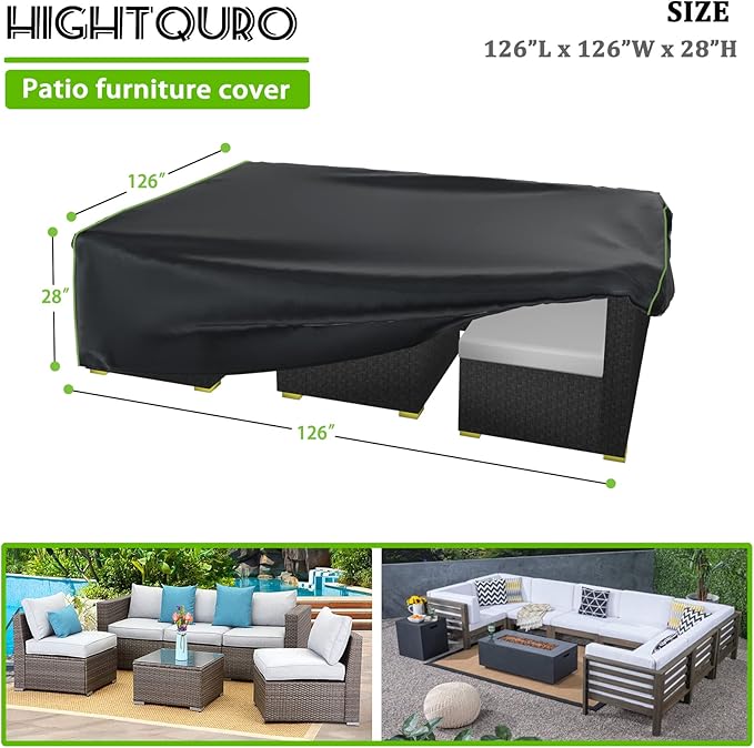 Patio Furniture Covers Waterproof, Heavy Duty 600D Outdoor Furniture Covers for Outside Sectional Sofa Set,Tear Resistance and Anti-UV, 126"L x 126"W x 28"H, Black with Green Piping