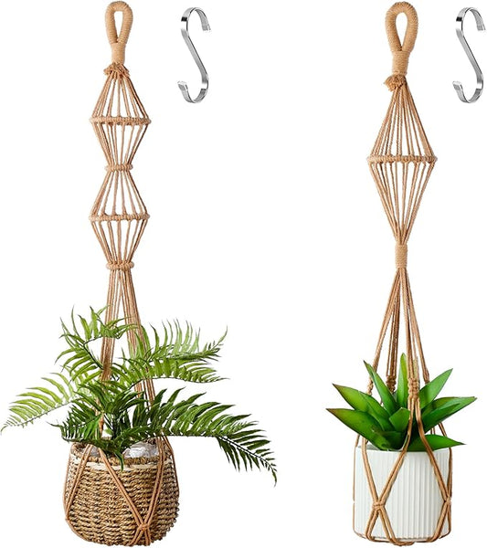 2Pcs Macrame Plant Hangers Indoor Macrame Hanging Planters Large for up to 10 inch Pot No Tassels Long Crochet Boho Plant Hanger Holder for Indoor Outdoor Plants Different Size 35”/39" (Caramel)