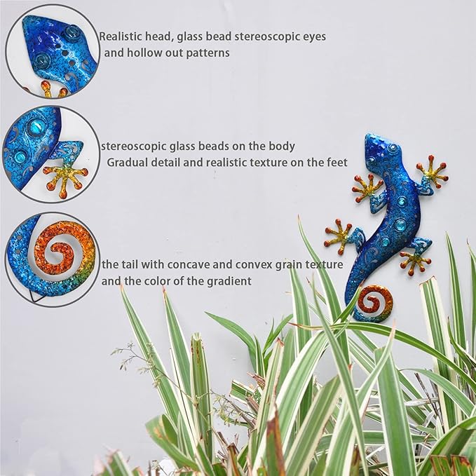 Metal Outdoor Blue Gecko Wall Decor Lizard Wall Art Suitable for Fence Yard Garden Decoration 13.5 * 8.5Inch