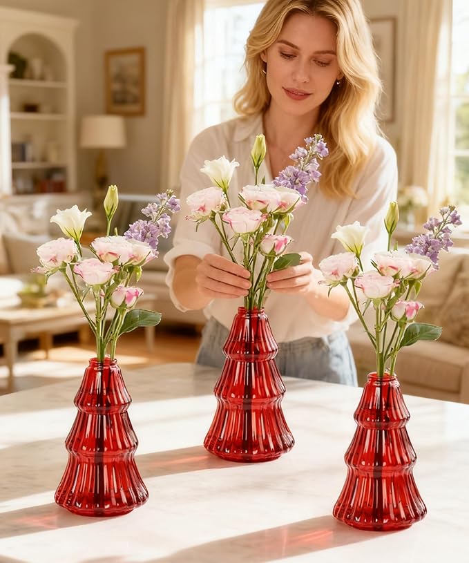 Nacome 3Pcs Tree-Shaped Glass Plant Terrarium,Planter Propagation Station Christmas Tree Decorations for Hydroponics Home Office, Unique Gifts for Plant Lovers Women Mom(Red)