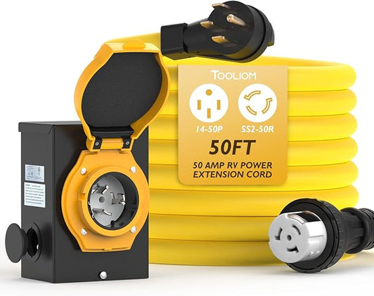 TOOLIOM 50 Amp Generator Cord 50FT and 50 Amp Generator Inlet Box, NEMA 14-50P/SS2-50R Twist Lock, 125/250V 12500W 6/3+8/1 AWG SJTW Generator Power Cord, Pre-Drilled Generator Inlet Box, UL&ETL Listed