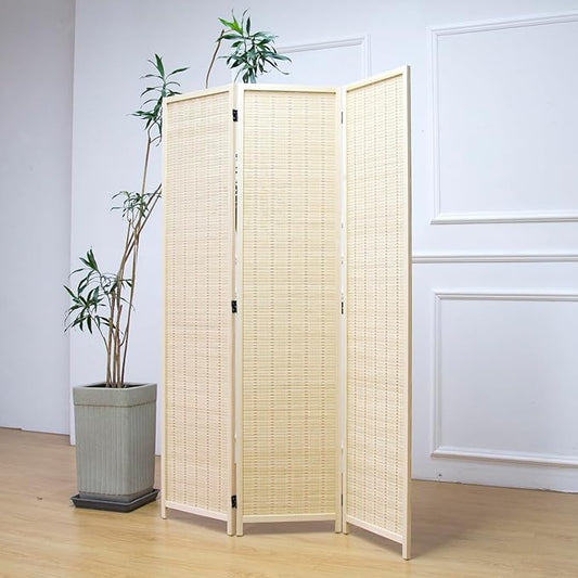 3 Panel Room Divider and Folding Panel Screen,Bamboo Panel Divider Screen for Room Separation,Beige,67" H x 46" W
