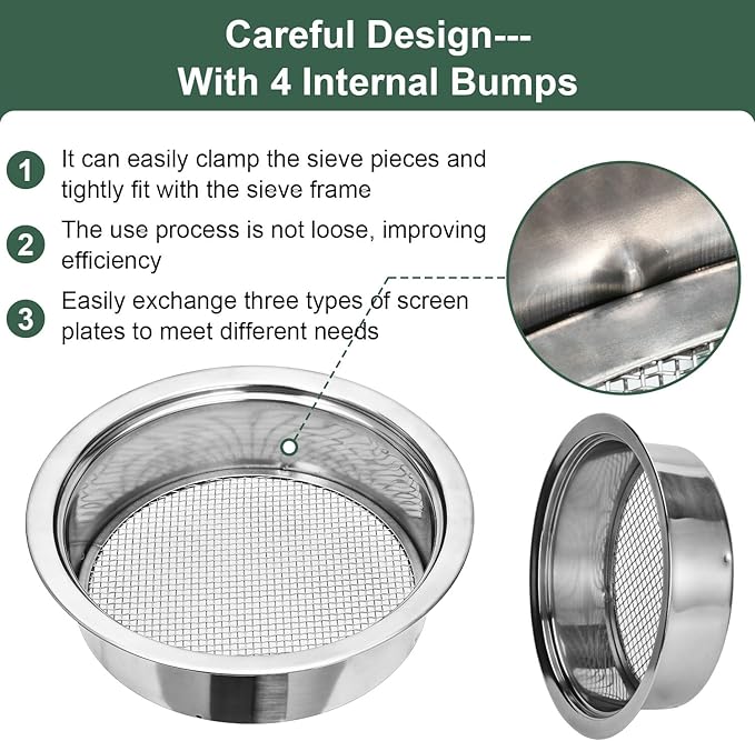 Soil Sieve Set Garden Soil Sifter Stainless Steel Mesh Sifter,Compost Sifter with 1,3,6,9,12mm Sieve Mesh and Bonsai Soil Scoop
