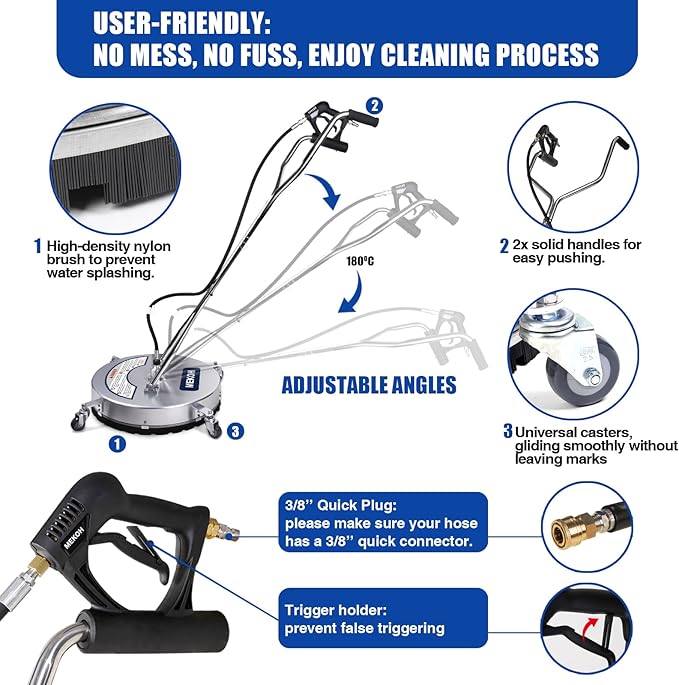 MEKOH Pressure Washer Surface Cleaner 24'', 4500PSI Stainless Steel Surface Cleaner Attachment with Wheels, Power Washer Accessory for Driveway Sidewalk Curb Deck Patio Cleaning, 3/8'' Quick-Connect