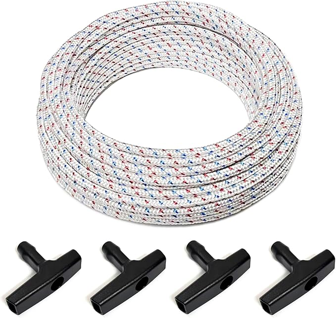 Heavy-Duty Pull Cord Rope Kit - 100Ft 4.0MM Lawn Mower Pull Cord Replacement, Starter Rope with 4 Universal Handles for Chainsaws, Snowblowers & Gas or Diesel Engines (for Briggs/Stratton/STIHL)
