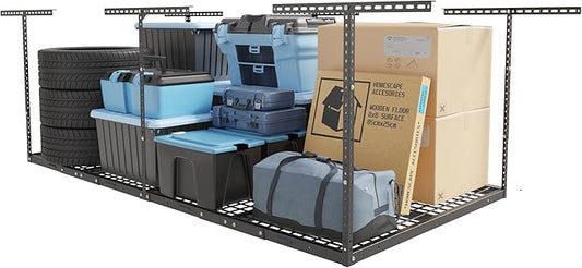 FLEXIMOUNTS 4x8 Overhead Garage Storage Rack, Adjustable Organization System, Heavy-Duty Metal Ceiling Racks, 750lbs Weight Capacity, Hammertone