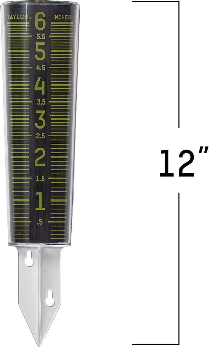 Taylor Glow-In-The-Dark Mountable Rain Gauge, Measure and Monitor Precipitation, Easy to Read for Backyard, Patio, Garden, and Lawn, 6-inch, Black and Green