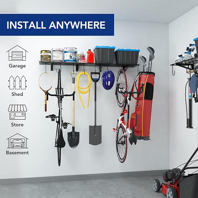 FLEXIMOUNTS Garage Wall Shelving, 2-Pack 1x3 ft, Includes 8 Bike Hooks, Wall Shelf Garage Organization System w/Bike Hangers, Storage Rack, Floating Shelves, 300 lbs Weight Capacity