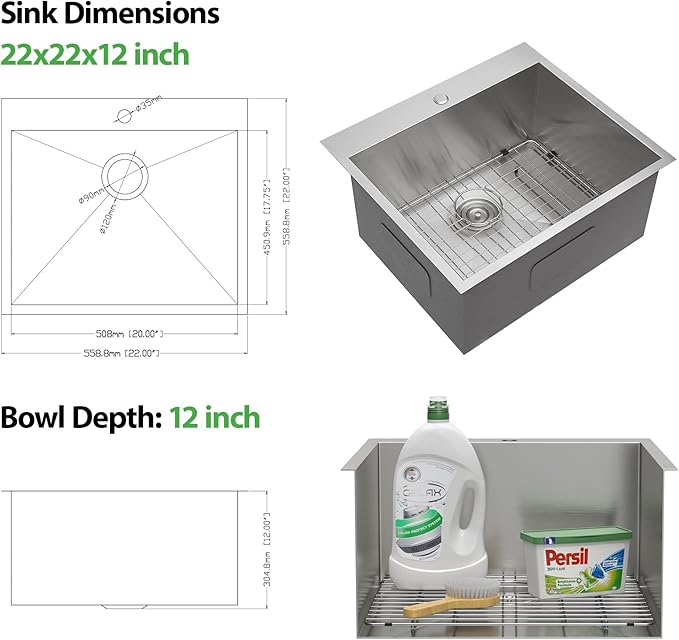 22 Inch Laundry Sink Drop In Laundry Utility Skins16 Gauge Stainless Steel Single Bowl Sink 12" Deep Single Bowl Laundry Room Sinks 22x22x12
