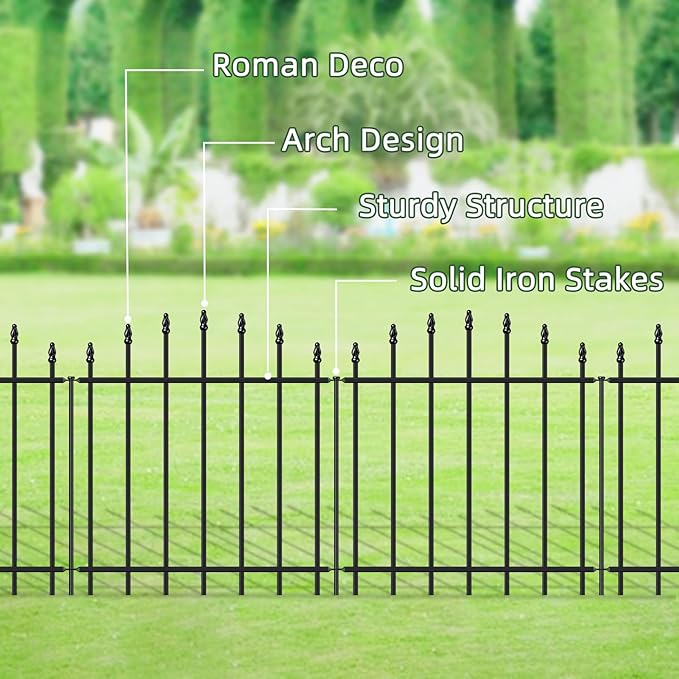 Metal Garden Fence 26 in H x 12 ft L, 6 Panels + 7 Stakes Border Dog Fence Panels Animal Barrier, No Dig Garden Fencing for Yard Patio Flower Bed Lawn Outdoor, Arch Black