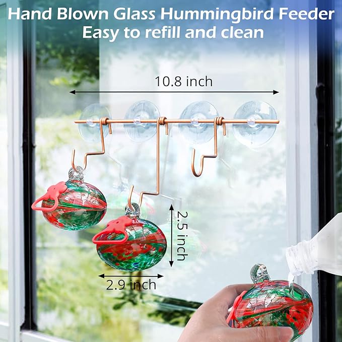Window Hummingbird Feeder with Suction Cups,Hand-Blown Glass Hummingbird Feeders for Outdoors Window Mounted with Metal Hook,Close Bird Watching,Finch in Garden,Yard(Red)