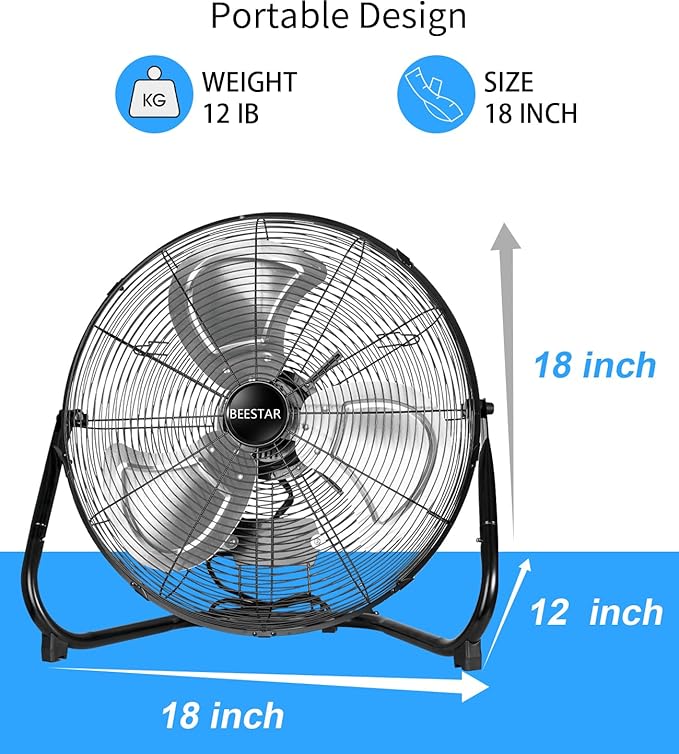 BEESTAR 18 Inch Floor Fan,High Velocity Fan with 3-Speeds&Adjustable Tilting Head,Heavy Duty Metal Industrial Fan for Shop, Garage,Commercial, Residential, and Greenhouse,Black (18 INCH)
