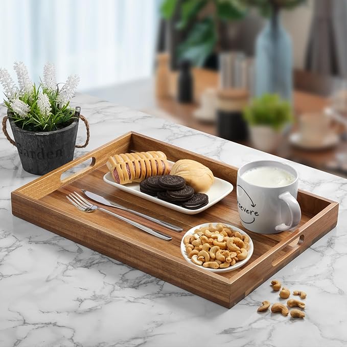 2 Pack Acacia Wood Serving Tray with Handles - 17 Inch Large Wooden Tray for Ottoman, Breakfast in Bed, Dinner, Coffee Table