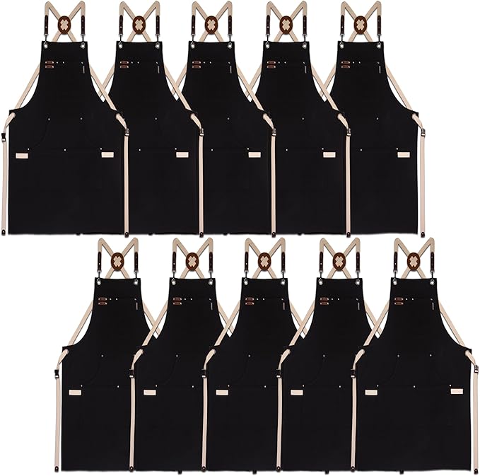 10 Pack Kitchen Aprons, Work Apron, Canvas, Multiple Pockets, Gardening, Painting, BBQ, Artist, Carpenter, Sizes M to XXL, Black