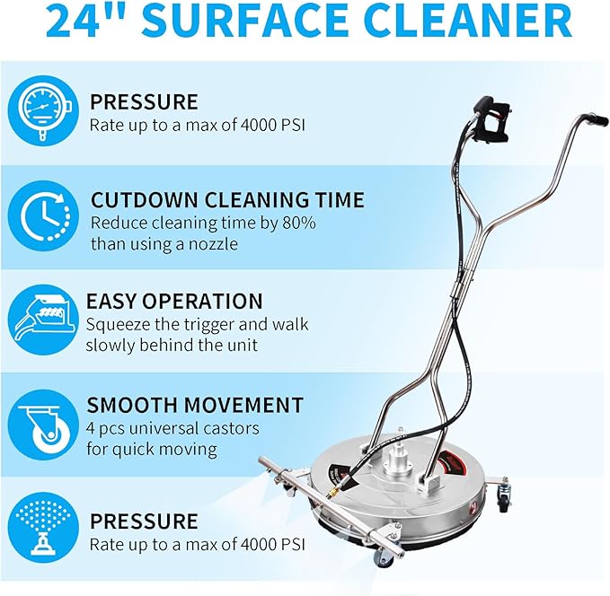 24" Pressure Washer Surface Cleaner with 5 Nozzles Water Broom - Stainless Steel Surface Cleaner for Pressure Washer Attachment for Concrete, Patio, Sidewalk, Deck and Driveways, 4200 PSI
