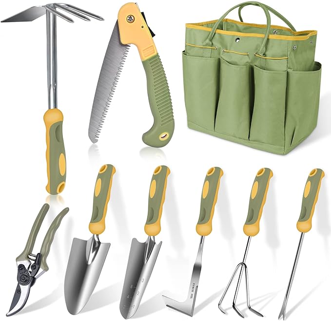 Garden Tool Set, WisaKey 9 Piece Stainless Steel Heavy Duty Gardening Hand Tools with Handle, Durable Garden Tool Bag, Gardening Gifts for Women and Men White Elephant Gifts