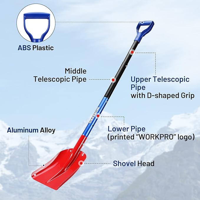 WORKPRO 47" Adjustable Snow Shovel, Lightweight Aluminum Detachable Shovel with Storage Bag for Car, Driveway, Garden, and Camping, Durable Emergency Snow Shovel for Winter Snow Removal