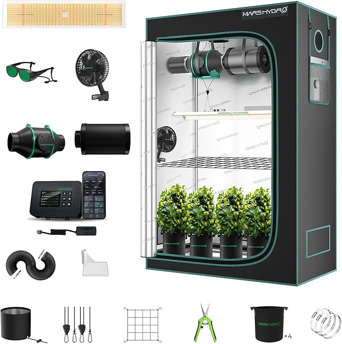 MARS HYDRO 2x4 Grow Tent Kit Complete System with Smart Controller 43,300W TSL2000 LED Dimmable Grow Light,48"x24"x71" 1680D High Reflective Mylar,4inch Customized Ventilation System