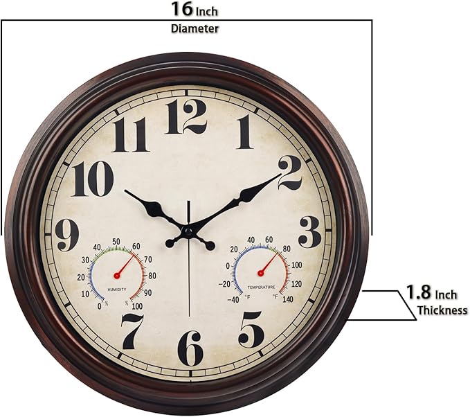 JENLYSTIME 16 Inch Dark Brown Vintage Wall Clock with Thermometer & Hygrometer - Waterproof Decorative Indoor/Outdoor Clock with Large Numerals & Silent Sweep Movement - Ideal for Porch, Garden, Pool