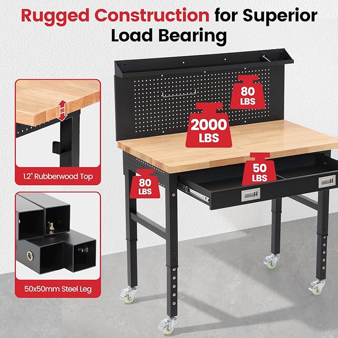 Work Bench for Garage 48 Inch Heavy Duty Rubberwood Tabletop Workbench with Wheels, Pegboard, Drawers, Power Outlets Adjustable Height Work Table for Home, Office, Workshop