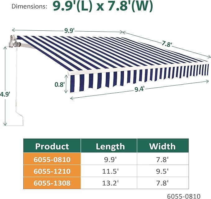 MCombo 9.9x7.8 FeetManual Retractable Patio Door Window Awning Sunshade Shelter Outdoor Canopy, 0810 (Ocean Blue with White Stripes, 9.9'(L) x 7.8'(W))