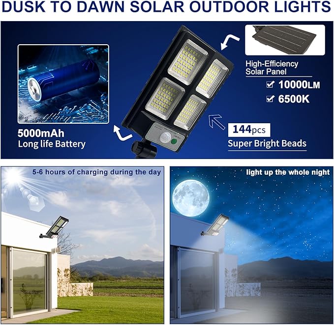 Solar Lights Outdoor Dusk to Dawn Motion Senser Street Lights Ip67 Waterproof Flood Lights 10000LM for Outside Yard Garage Wall 4Pack