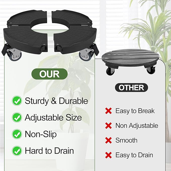 2 Pack Plant Caddy Stands with 360° Wheels Adjustable 15-22 Inch Rolling Plant Stands Heavy Duty Large Plant Carts Dolly with Casters 440lbs Capacity for Large Planter, Garden Pot, Flower Pot, Black