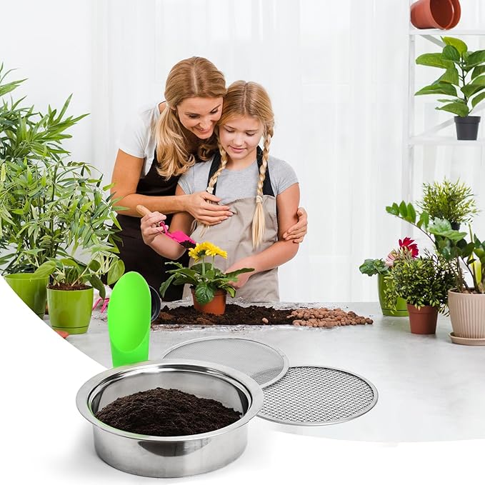 Soil Sifter Garden Soil Sieve Stainless Steel Sieve Set, with 3 Interchangeable Filter Mesh-3,6,9mm Sieve for for Dirt, Sand, Rock, Filtration, Compost