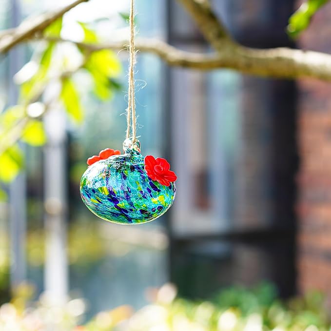 3.3OZ Glass Hummingbird Feeder with 2 Feeding Ports Blown Glass Hummingbird Feeder for Outdoors Hanging Garden Patio Decoration Uniques Gifts for Women