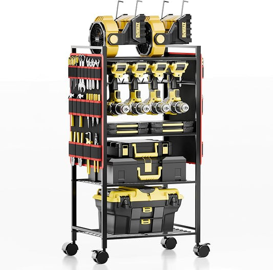 5 - Tier Power Tool Organizer Cart - 300 lbs Heavy Duty Utility Rack Shelf, Rolling Drill Holder & Tool Storage Cart on Wheels for Garage, Workshop, Ideal Gift for Men (no Power)