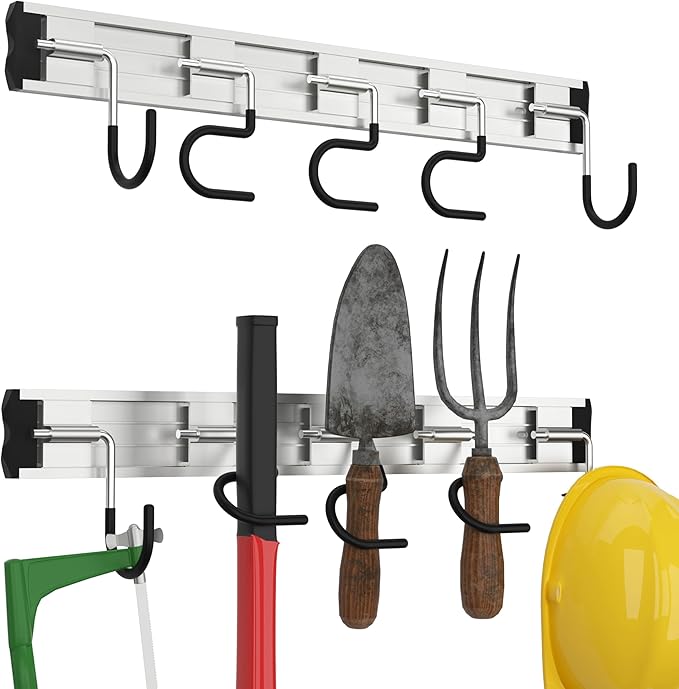 34.5'' Aluminum Alloy Garden Tool Organizer Wall Mount Garage Organizers and Storage with Hooks Tool Hangers for Shed Hooks for Shovel, Rake, Broom & More