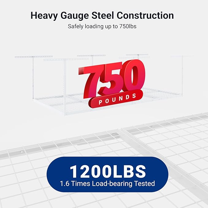 FLEXIMOUNTS 4x8 Overhead Garage Storage Rack, Adjustable Organization System, Heavy-Duty Metal Ceiling Racks, 750lbs Weight Capacity, White