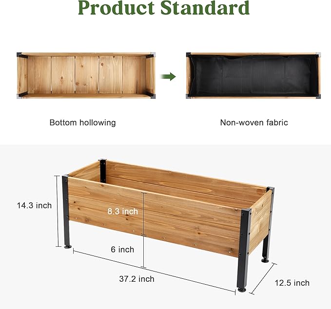 Wood Rectangular Garden Planter Box Raised Garden Bed Outdoor,Planters for Outdoor Plants 37x13x15in Elevated Planter Box for Herbs Vegetables Flowers Great for Patio Deck Balcony
