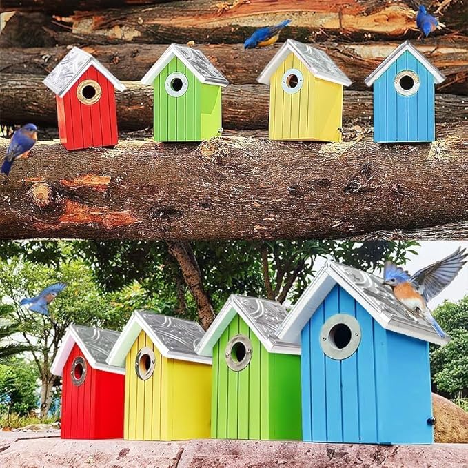 2PK Cedar Bluebird House, Wooden Bird House for Outside, 1.5" Entrance Hole Size, Stainless Steel Entrance Hole Protector, Silver Metal Roof, Colorful Garden Decorative (Green+Blue) Updated Version