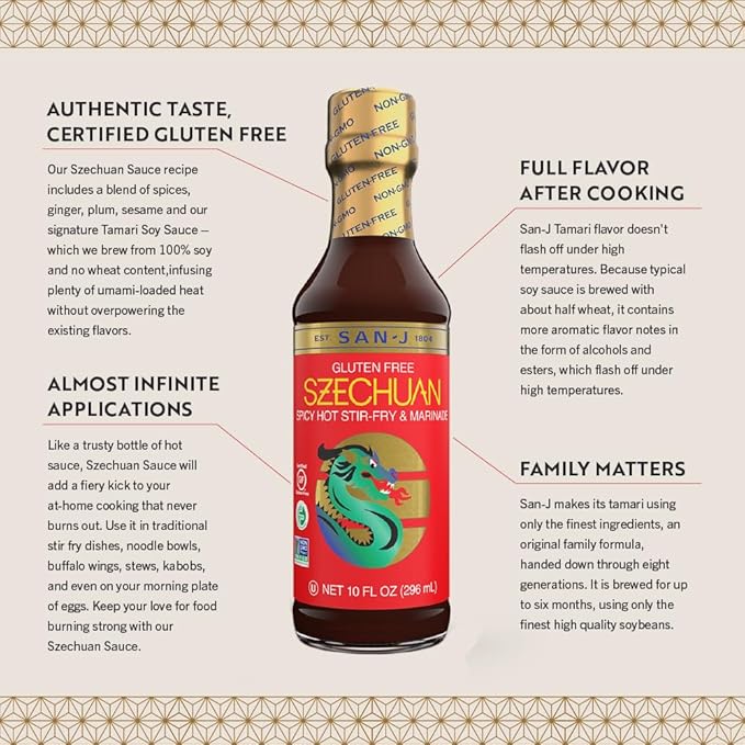 San-J Gluten Free Szechuan Cooking Sauce - Szechuan Sauce, Szechuan Dipping Sauce, Hot & Spicy Marinade & Stir Fry Sauce, Kosher, Non-GMO, No Artificial Preservatives - 10 Fl Oz