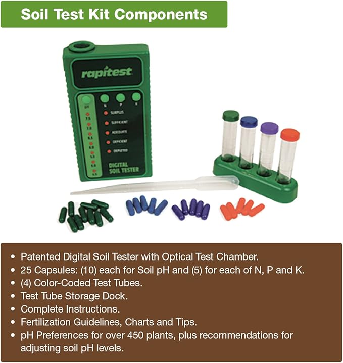 Rapitest Soil Test Kit for Gardens, Vegetables, Flowers and Lawns. USA designed and assembled soil tester completely, quickly and accurately measures/analyzes soil pH acidity and garden nutrients
