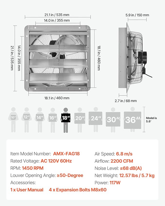 VEVOR 18 inch Shutter Exhaust Fan, Wall Mounted Attic Vent Fan with 2200 CFM Airflow, AC Motor, Heavy-duty Steel Construction, Low Noise for Shed, Garage, Greenhouse Ventilation Cooling, Silver