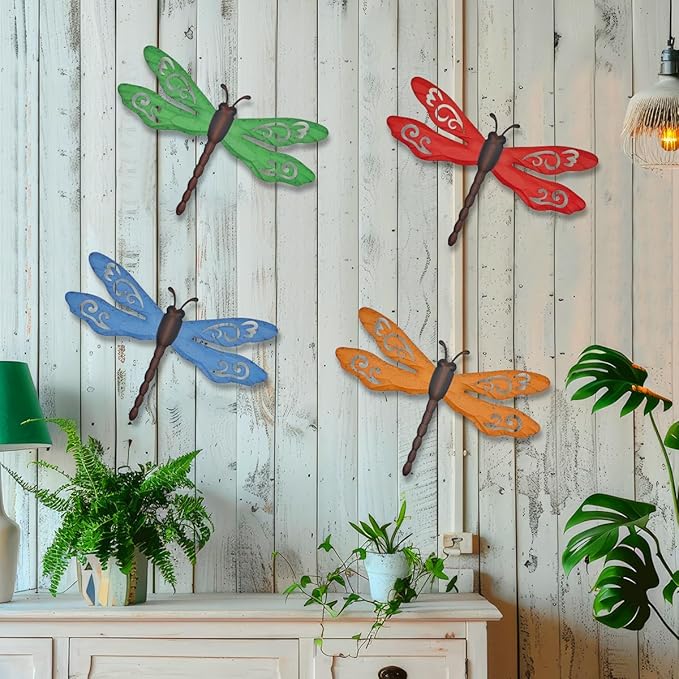 Metal Dragonfly Wall Decor, 4 Pack 14inch Retro Metal Dragonfly Wall Hanging Sculpture Decor for Outdoor, Yard Patio Fence Garden Outside Decorations