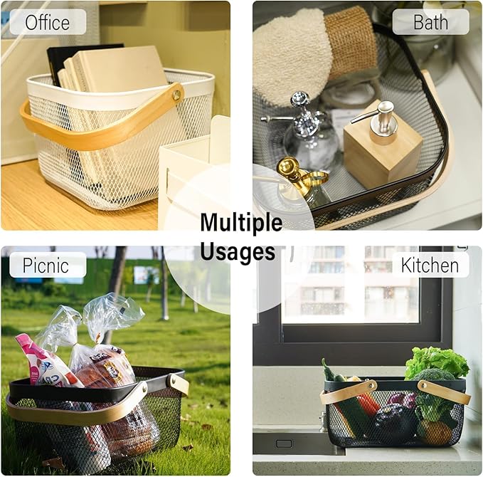 Metal Mesh Steel Harvest Basket, Rectangle Wire Garden Basket with Handle – Multi-Functional Storage Organizer for Gathering Vegetables, Fruits, Kitchen, Garden, Picnic & Cabinet (Ebony)