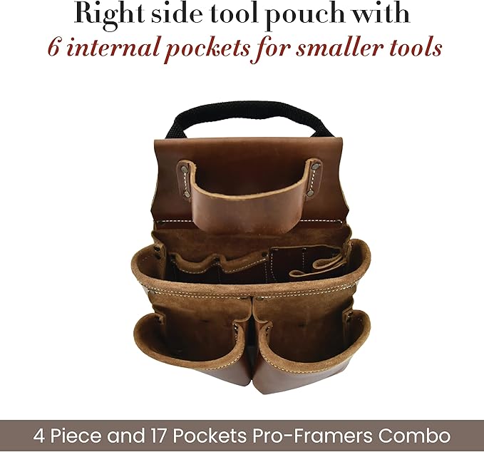 Style n Craft Leather Framer's Tool Belt Combo - 4 Piece Set for Men - Full-Grain Leather with 17 Pockets, Tape Holder & Hammer Loop - Heavy Duty Nylon Stitch - Ideal Carpenter's Tool Belt
