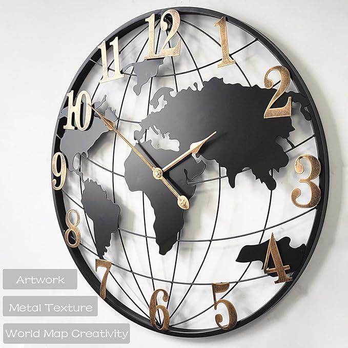 Large Outdoor Clock, 24 Inch Big Metal Wall Clock Silent Battery Operated, Retro World Map Decorative Clock for Farmhouse, Kitchen, Living Room, Pool Area, Patio (Black - Bronze Arabic)