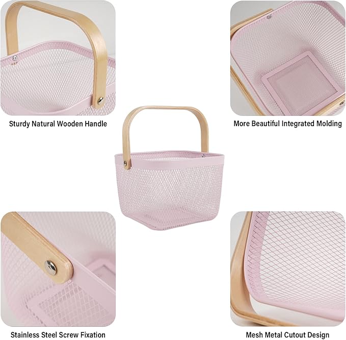 Metal Mesh Steel Harvest Basket, Square Wire Garden Basket with Handle – Multi-Functional Storage Organizer for Gathering Vegetables, Fruits, Kitchen, Garden, Picnic & Cabinet (Pink)