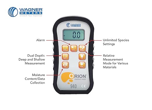 Orion® 940 Pinless Wood Moisture Meter by Wagner Meters I Accurate, Non-Damaging, Dual Depth Lumber Moisture Measurement, Data Collection & Storage, On-site Calibration (Standard Calibrator)